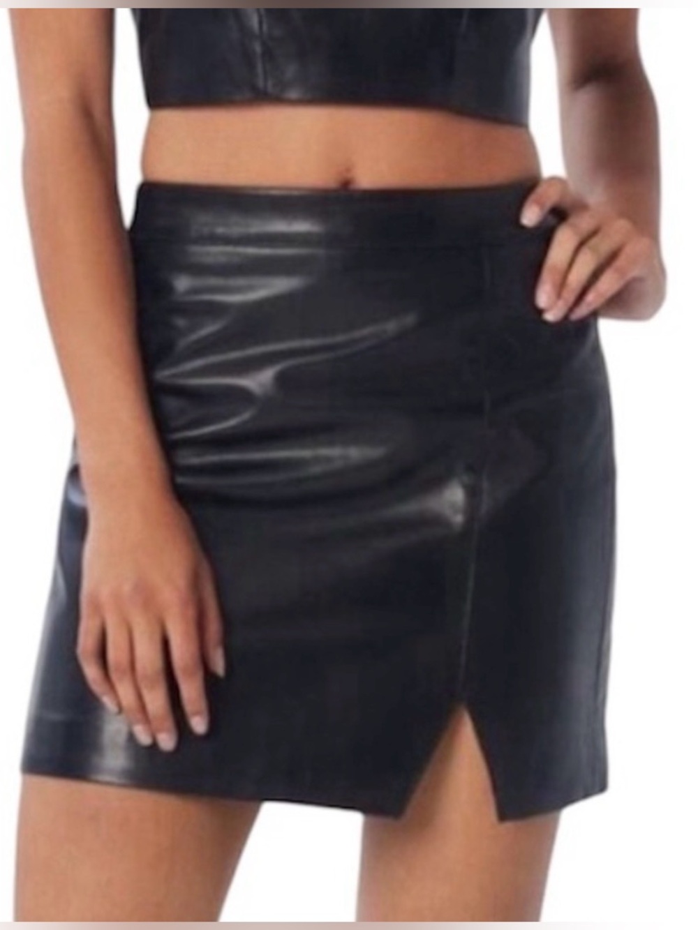 LITA by Ciara Leather Mini Skirt Black Lamb Leather Front Slit Size 10 NWT